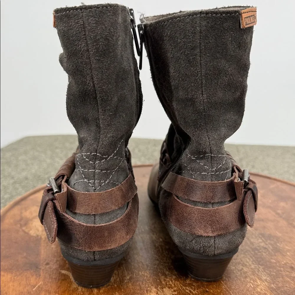 Pikolinos Boots Wm 38 7.5-8 Rotterdam Brown Leather Ankle Braided Leather Buckle